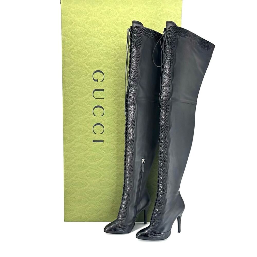 NEW Gucci Harriet Cruise 2023 Snake Emboss Over The Knee High Heel Boots 37 - Picture 2 of 12